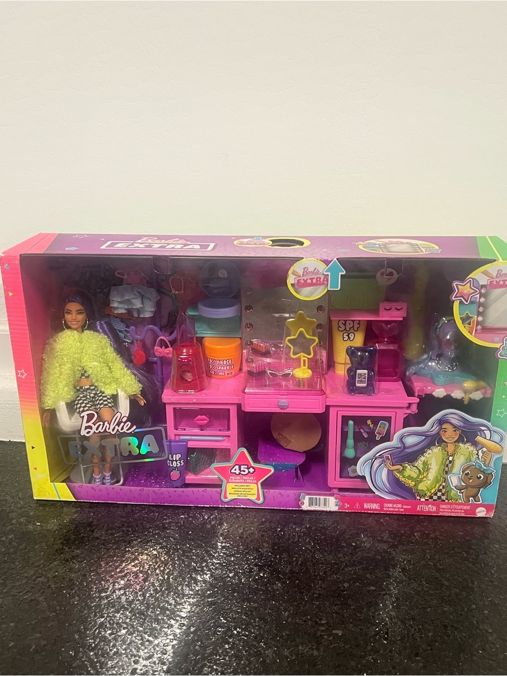 Barbie Extra Doll & Vanity Playset light up vanity 45 pieces NIB $50